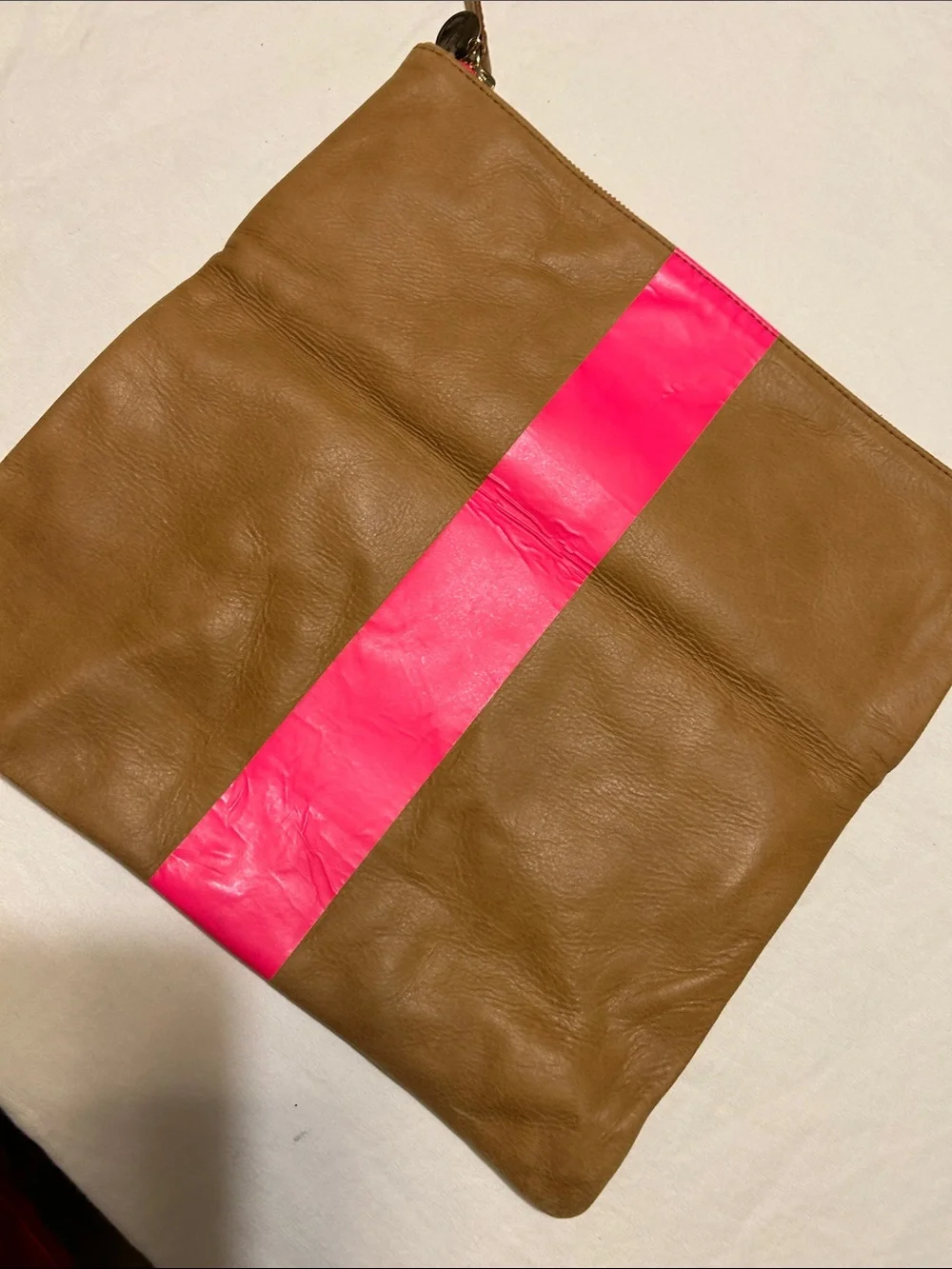 Clare V Brown Leather Fold-Over Clutch with Hot Pink Stripe